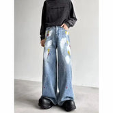Threebooy Y2K Fashion Painting Graffiti Vintage Blue Baggy New Jeans Pants For Men Clothes Streetwear Hip Hop Denim Trousers